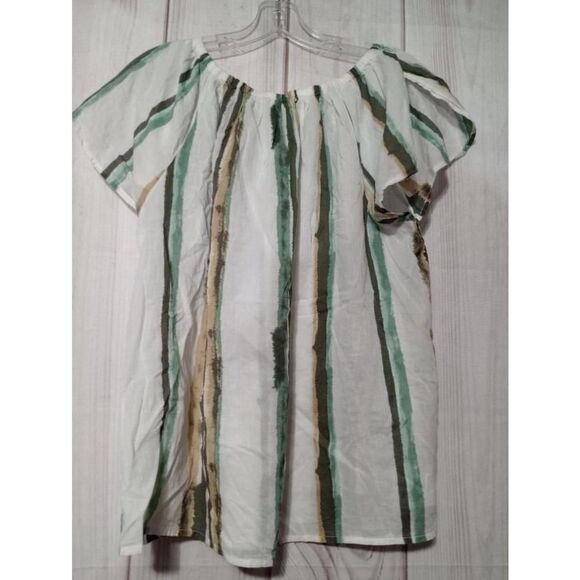 Caslon Shirt Ladies Large White Green Striped Off Shoulder Semi Sheer - Picture 2 of 8